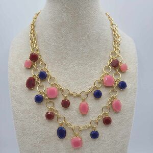 Talbots Gold Tone Double Strand Navy Burgundy Pink Lucite Stone Necklace NWOT!